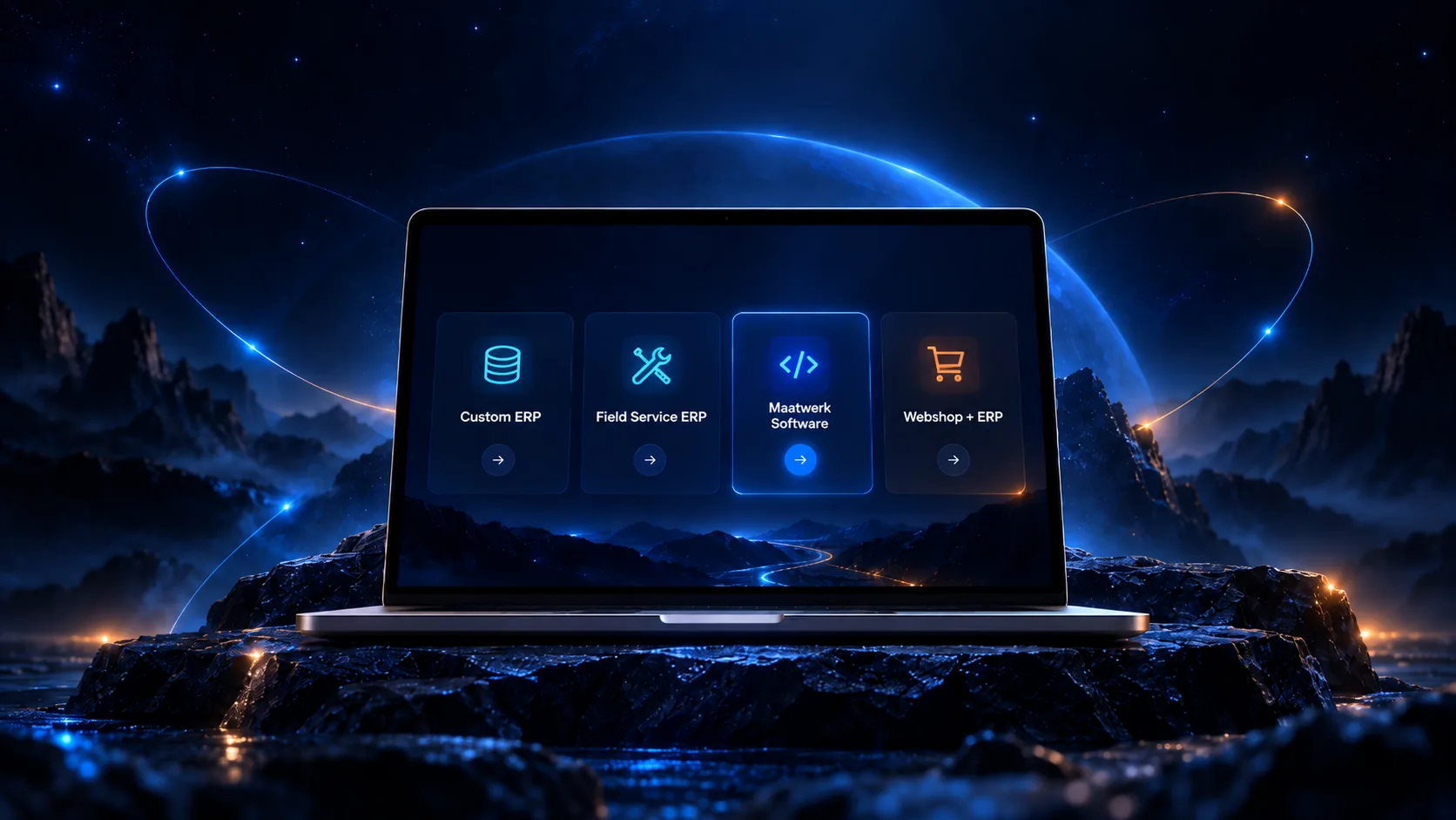 Laptop showing the Digitalnatie solutions: Custom ERP, Field Service Software, custom applications and E-commerce + ERP