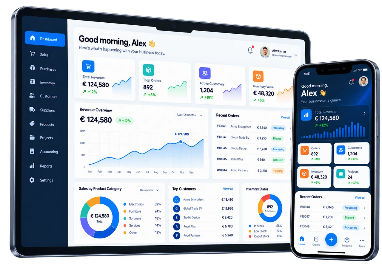 Digitalnatie custom ERP dashboard on tablet and smartphone, showing revenue, orders and inventory