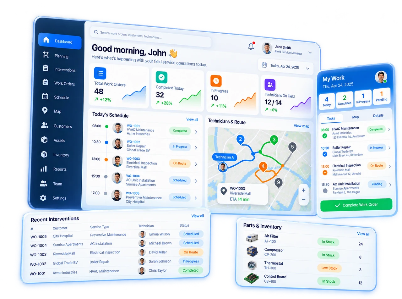 Field service scheduling with the day plan, technician routes and the Digitalnatie mobile work order app